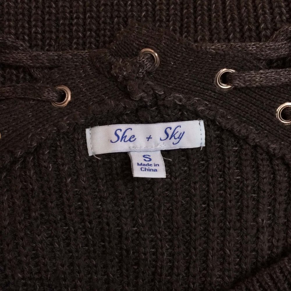 She + Sky Dark Gray Pullover Sweater,‎ Lace Up Back - Picture 7 of 9